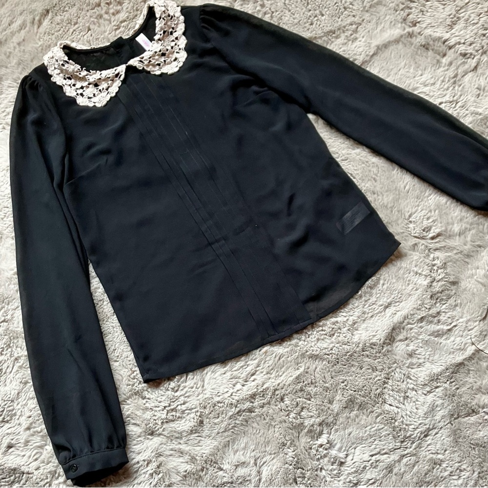 Lace collar Wednesday Adams sheer black blouse with button up back. Small.